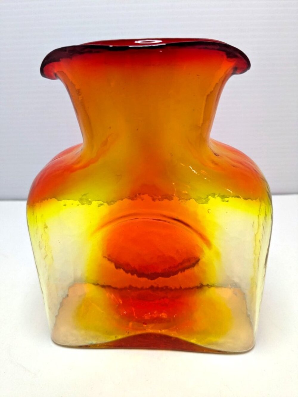 Blenko Mini Water Bottle 1924 Tangerine Amberina Glass 6" Glows